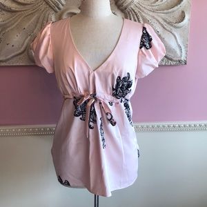 EXPRESS satin pink/ black deep V cap sleeve blouse